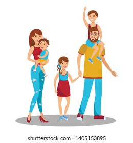 Happy Parents with Kids Flat Vector Illustration. Father, Mother , Sons and Daughter Cartoon Characters. Family Relationship, Childcare. Parental Care, Couple and Children Standing Together, Parenting