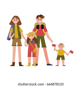 Happy parents with kids on summer vacations cartoon characters, camping travel vector Illustration