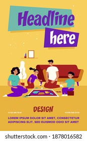 Happy parents and kids playing board game at home. Couple with two teenage children enjoying fun time in living room. For family entertainment, leisure, parenthood concept