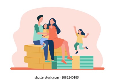 Happy parents with kids sitting on pile of coins. Dollar, money, children flat vector illustration. Finance and family concept for banner, website design or landing web page