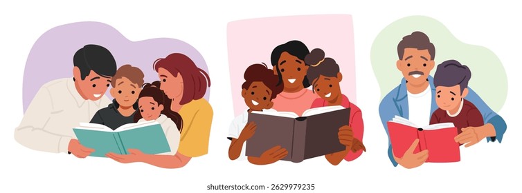 Happy parents and kids sitting together and reading story book enjoying hobby entertainment vector illustration. Portrait set with mom and dad teaching children showcasing love, care and bonding