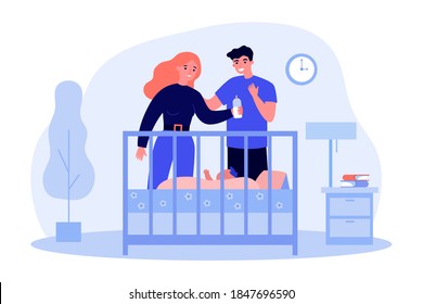 Happy Parents Looking At Baby In Cot. Mother, Dad, Newborn Flat Vector Illustration. Parenthood And Family Concept For Banner, Website Design Or Landing Web Page