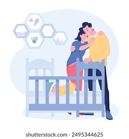 Happy parents looking at baby sleeping in cradle, flat illustration 