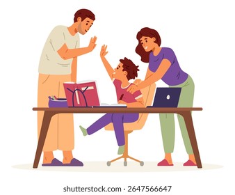 Happy parents making homework with primary school boy sitting at desk flat vector illustration isolated on white. Parents complimenting the child for education success, giving high five.