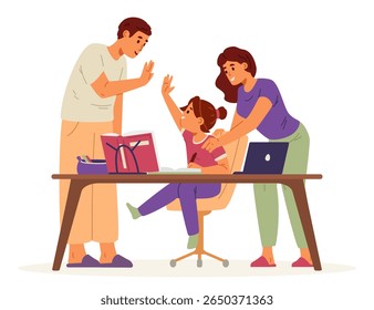 Pais felizes fazendo dever de casa com a menina da escola primária sentada na ilustração vetor plana da mesa isolada no branco. Pais elogiando a criança pelo sucesso educacional, dando alta cinco.