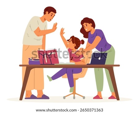 Happy parents making homework with primary school girl sitting at desk flat vector illustration isolated on white. Parents complimenting the child for education success, giving high five.