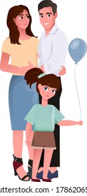 Happy parents mom and dad standing together with kids girl. Loving family. Flat vector cartoon illustration, isolated white background. Colorful character.