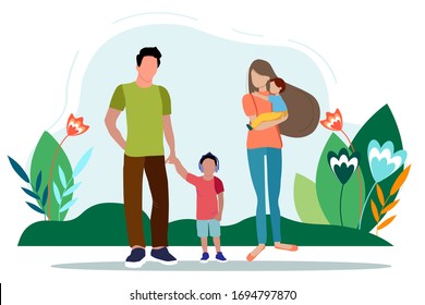 Happy parents mom and dad with their children. A little daughter sits in her mother s arms, a father holds his son s hand. woman, man, girl, boy. The family walks outdoors in the park. fathers day 