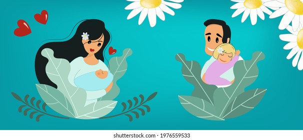Happy parents. Mom with son and dad with daughter. Decorative banner, postcard, background with hearts and daisies for the Day of family, love and fidelity. Vector illustration in flat style.