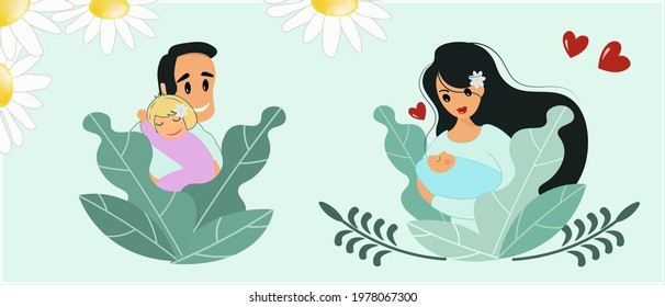 Happy parents. Mom with son and dad with daughter. Decorative banner, postcard, background with hearts and daisies for the Day of family, love and fidelity. Vector illustration on a light background