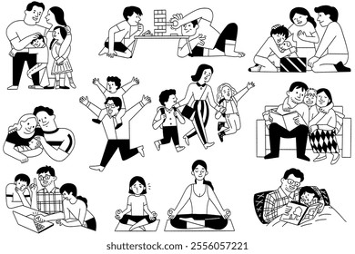 Happy parents, mother and father, supporting, helping, playing, caring and holding thier children. Cute illustration character, outline, thin line art, hand drawn sketch, black and white style design.