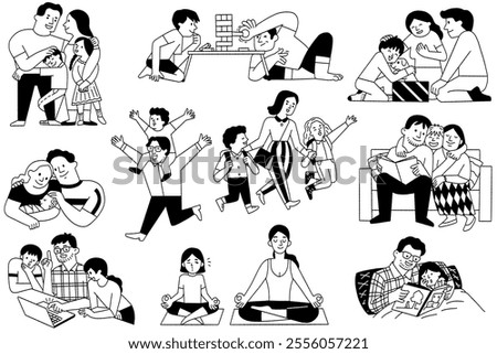 Happy parents, mother and father, supporting, helping, playing, caring and holding thier children. Cute illustration character, outline, thin line art, hand drawn sketch, black and white style design.