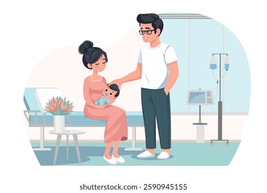 happy parents with newborn  in maternity hospital cartoon vector style flat design welcoming a baby concept