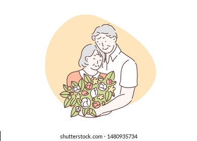 Happy parents, pensioners, elderly couple in love husband and wife together. Old friends, grandmother, grandfather hug together. Valentines day, 8 March concept, anniversary. Simple flat vector.