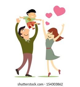 Happy parents play joyfully with  their son. Family love concept. 