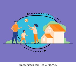 Happy parents playing ball with kid flat vector illustration. Cartoon father, mother and son having fun together near house. Family active holidays, sport game and healthy lifestyle concept