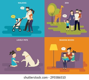 Happy parents are playing with children. Family with concept flat icons set of reading books, playing with pet, visiting zoo and walking. Flat family vector illustration