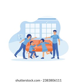 Happy parents playing together in the living room. Children look so glad they enjoy games at home. A couple of sunny, funny parents' concepts. Trend Modern vector flat illustration