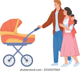 Happy parents pushing baby pram. Man and woman walking with carriage isolated on white background