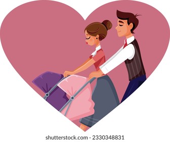 
Happy Parents Pushing a Baby Stroller Vector Cartoon Illustration
Cheerful couple walking their twin newborns in prams 
