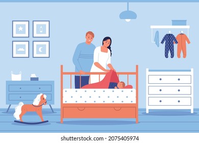 Happy Parents Putting Baby To Sleep In Nursery Room Flat Vector Illustration