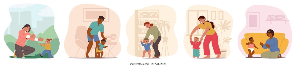 Happy parents rejoicing of first kids steps and physical development isolated cartoon scene. Cheerful mother and father helping infant child to learn walking feeling loving emotion vector illustration