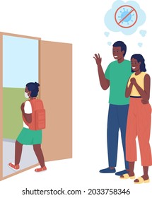 Happy parents see off to school girl semi flat color vector character. Family figure. Full body people on white. Schoolgirl isolated modern cartoon style illustration for graphic design and animation