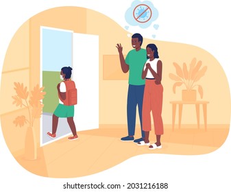 Happy Parents See Their Girl Off To School 2D Vector Isolated Illustration. Schoolgirl Returns Back To School After Covid Flat Characters On Cartoon Background. Pupil Goes To Lessons Colourful Scene