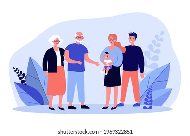 Happy parents showing newborn to grandparents. Baby, grandpa, grandma flat vector illustration. Family and parenthood concept for banner, website design or landing web page