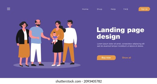 Happy parents showing newborn to grandparents. Baby, grandpa, grandma flat vector illustration. Family and parenthood concept for banner, website design or landing web page