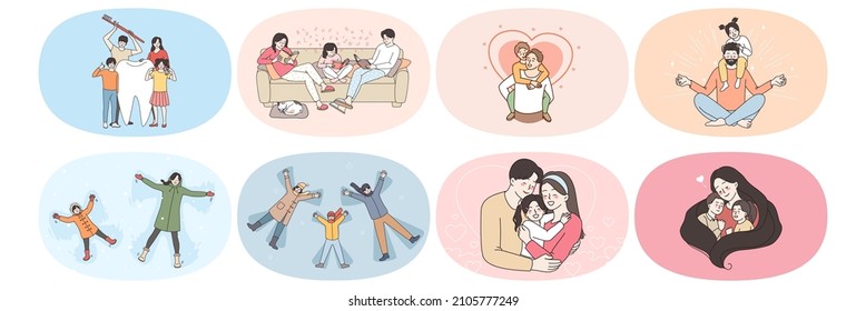 Happy parents with small children have fun relax together on winter holidays at home and outdoor. Smiling family with kids play rest on lockdown or quarantine show love. Flat vector illustration, set.