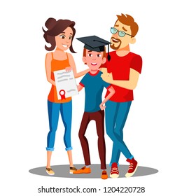 Happy Parents Standing Behind The Student With Diploma And Graduate Cap Vector. Isolated Illustration
