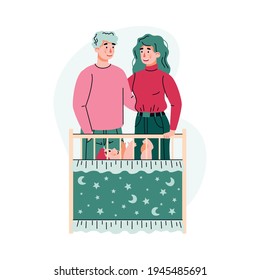 Happy parents standing near baby cradle cartoon vector illustration isolated.