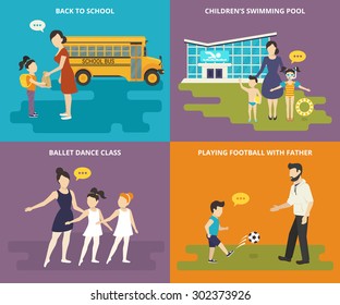 Happy parents are teaching their children. Concept flat family icons set of the child goes to school, visits a swimming pool, girls dancing in a ballet school and parent playing football with child