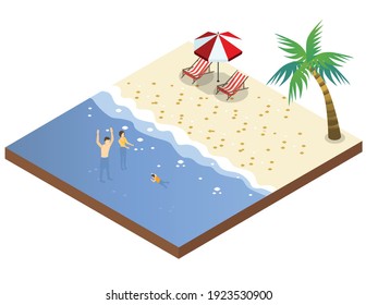 Happy parents teaching their son to swim on the beach during vacation. Isometric vector concept