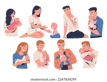 Happy parents and their babies set. Mom and dad hugging newborn baby expressing love and care cartoon vector illustration