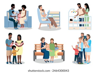 Happy parents and their children of different nationalities on a white background. Time with family. Day of family, loving parents, happy childhood. Set of vector illustrations.
