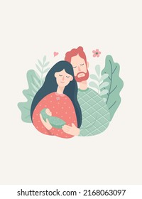 Happy parents with their newborn baby in mother's arms. Vector illustration of parentshood and childcare. Floral background.