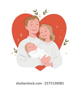 Happy parents and their newborn in a heartwarming embrace. Family couple holds their newborn baby swaddled in a blanket, surrounded by a heart design. Vector flat illustration on white.