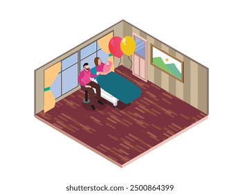 Happy parents and their newborn isometric 3d vector concept