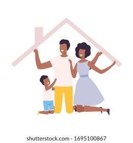 Happy Parents and Their Son at Home, House Frame with African American Family Inside Vector Illustration