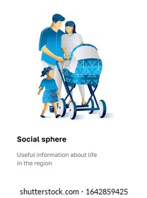 Happy parents are walking with their daughter and baby in a stroller. A newborn baby in a stroller. Illustration of the peoples of northern Russia.  The social sphere. 