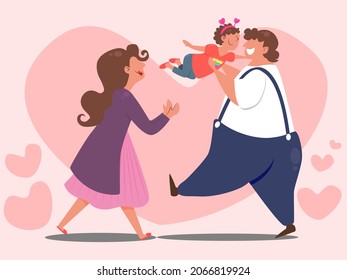 Happy parents with young gay son.A warm family.Family play together.Flat vector cartoon.