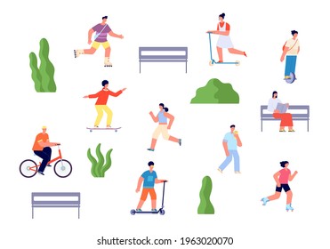 Happy park walking. Joyful parks people group, walk and ride characters. Outdoor activity, cycling and reading on nature utter vector concept