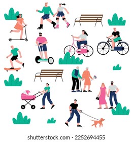 Happy park walking, spring walk and jogging. Summer outdoor rest, ride in urban garden on bike. Fun flat city people, adults on street vector scene