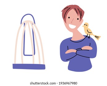 happy parrot owner with parrots items. flat simple illustration. cartoon drawing