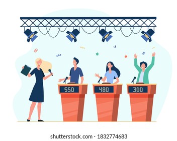 Happy Participants Playing Quiz Game On TV Show. Host With Microphone Asking Questions. Flat Vector Illustration For Television, Program, Entertainment, Competition Concept