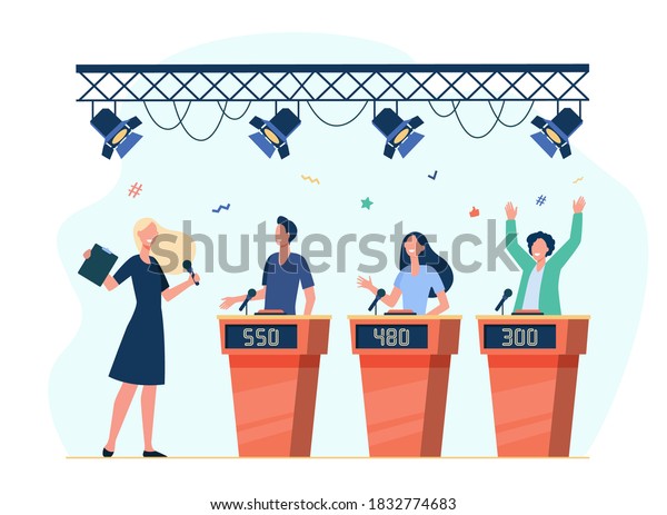Happy participants\
playing quiz game on TV show. Host with microphone asking\
questions. Flat vector illustration for television, program,\
entertainment, competition\
concept