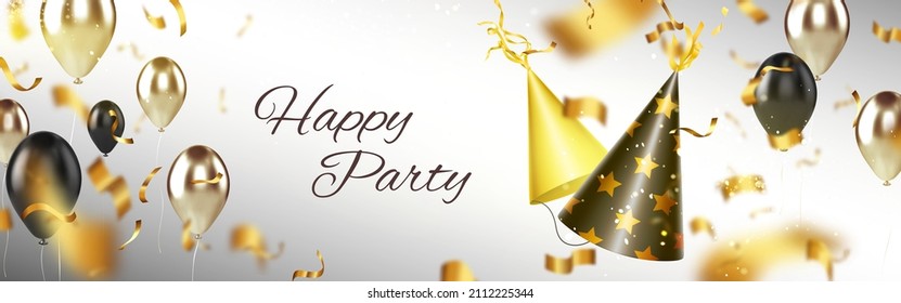 Happy party banner with birthday hats, balloons and confetti on defocused background. Anniversary celebration backdrop design with festive items. Realistic 3d vector invitation, greeting card, flyer