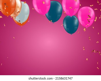 Happy Party Birthday Background with Realistic Balloons, frame and confetti. Vector Illustration and confetti. for party, holiday,